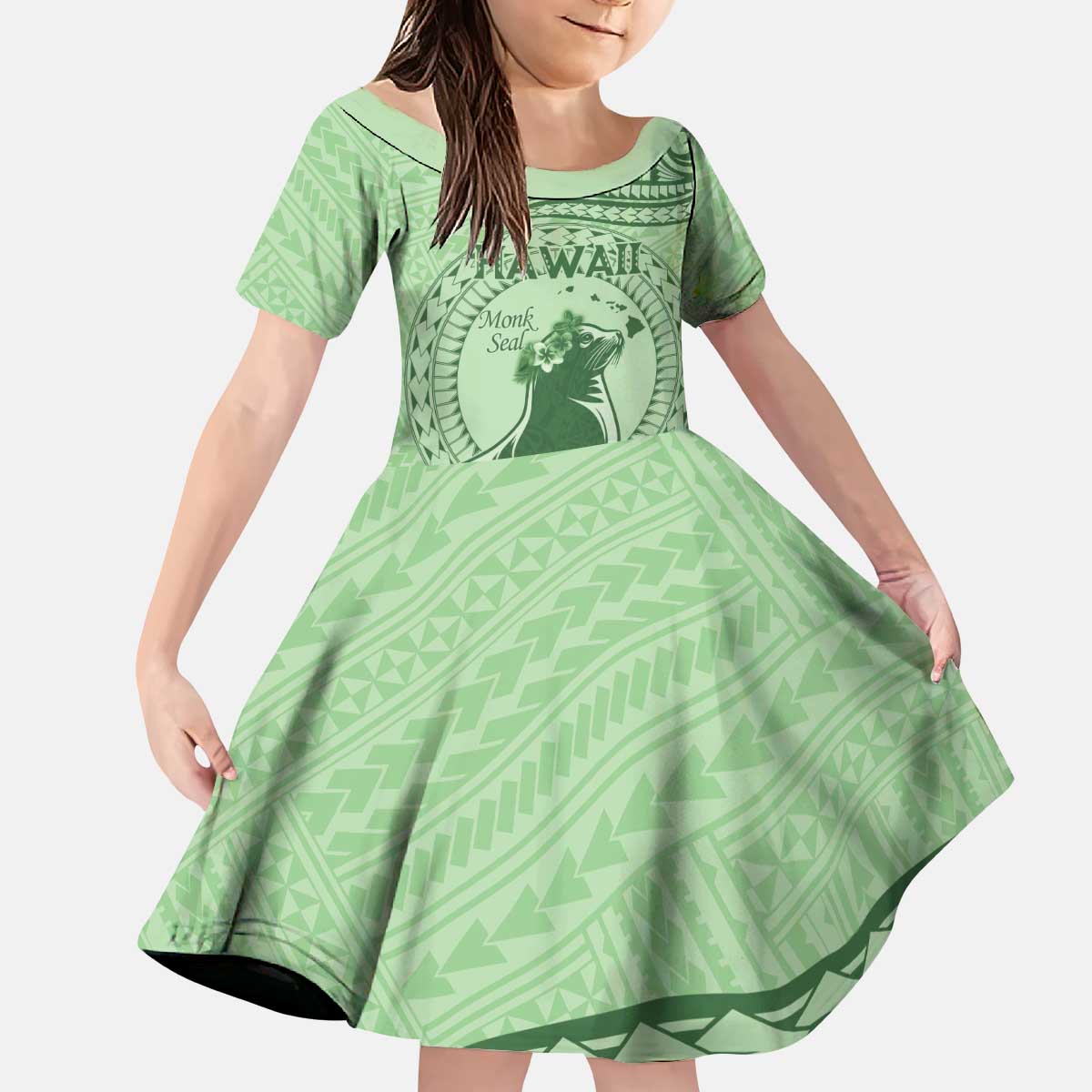 Personalised Hawaii Monk Seal Kid Short Sleeve Dress Polynesian Tattoo With Tropical Flowers - Green Pastel LT14 KID Green - Polynesian Pride