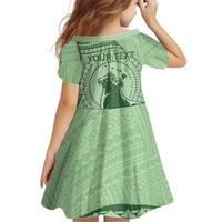 Personalised Hawaii Monk Seal Kid Short Sleeve Dress Polynesian Tattoo With Tropical Flowers - Green Pastel LT14 - Polynesian Pride