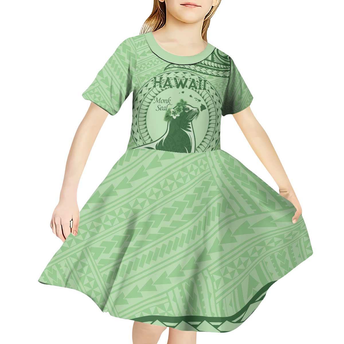 Personalised Hawaii Monk Seal Kid Short Sleeve Dress Polynesian Tattoo With Tropical Flowers - Green Pastel LT14 - Polynesian Pride