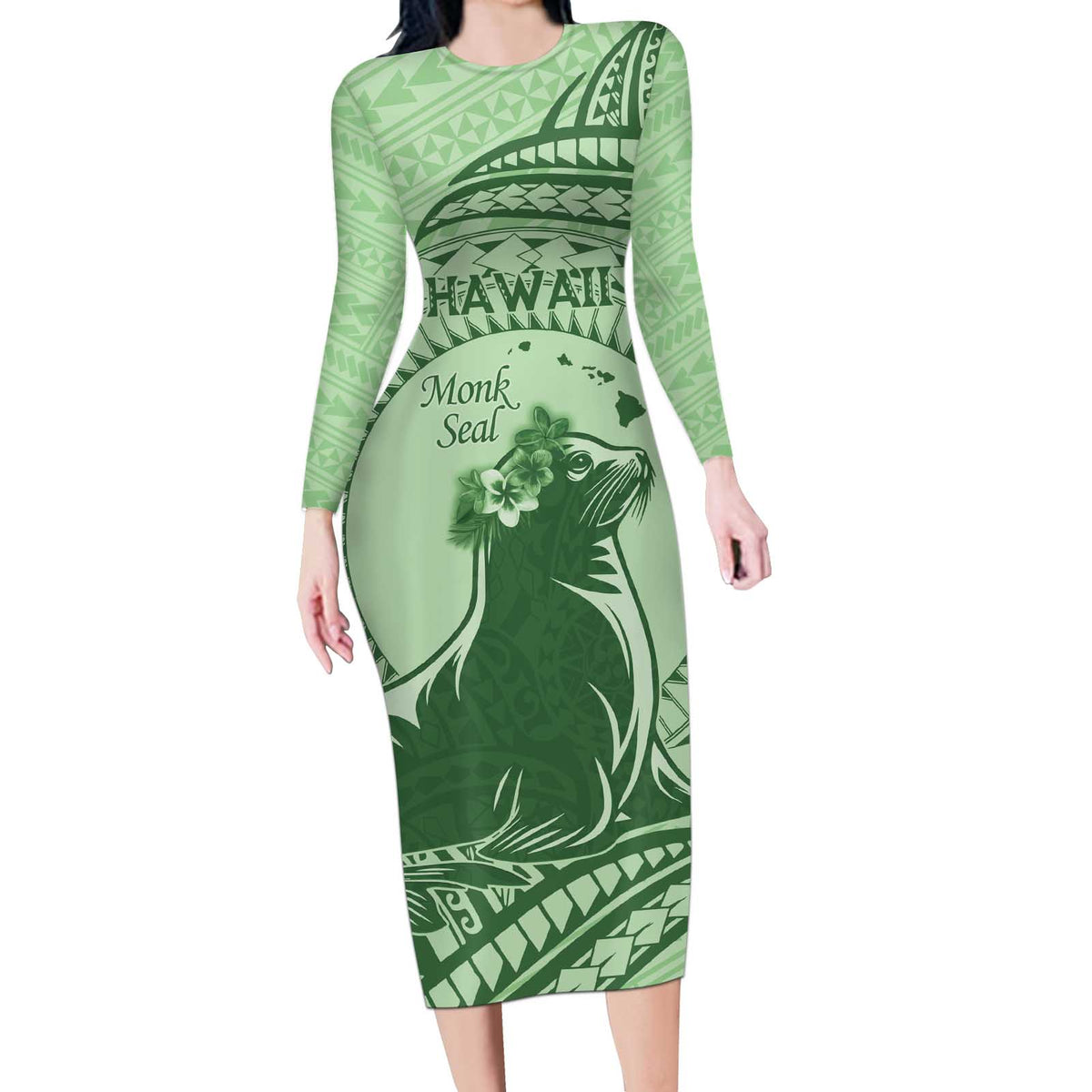 Personalised Hawaii Monk Seal Long Sleeve Bodycon Dress Polynesian Tattoo With Tropical Flowers - Green Pastel LT14 Long Dress Green - Polynesian Pride