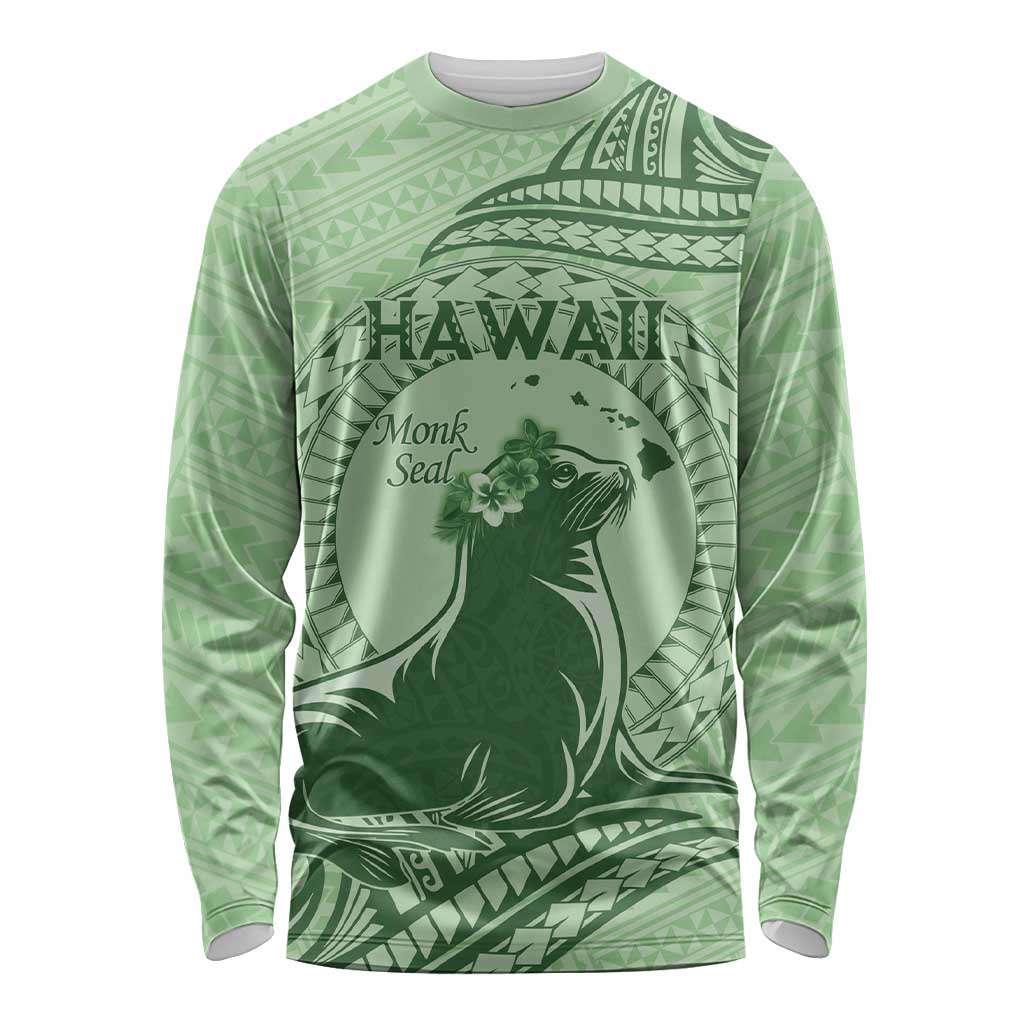 Personalised Hawaii Monk Seal Long Sleeve Shirt Polynesian Tattoo With Tropical Flowers - Green Pastel LT14 Unisex Green - Polynesian Pride