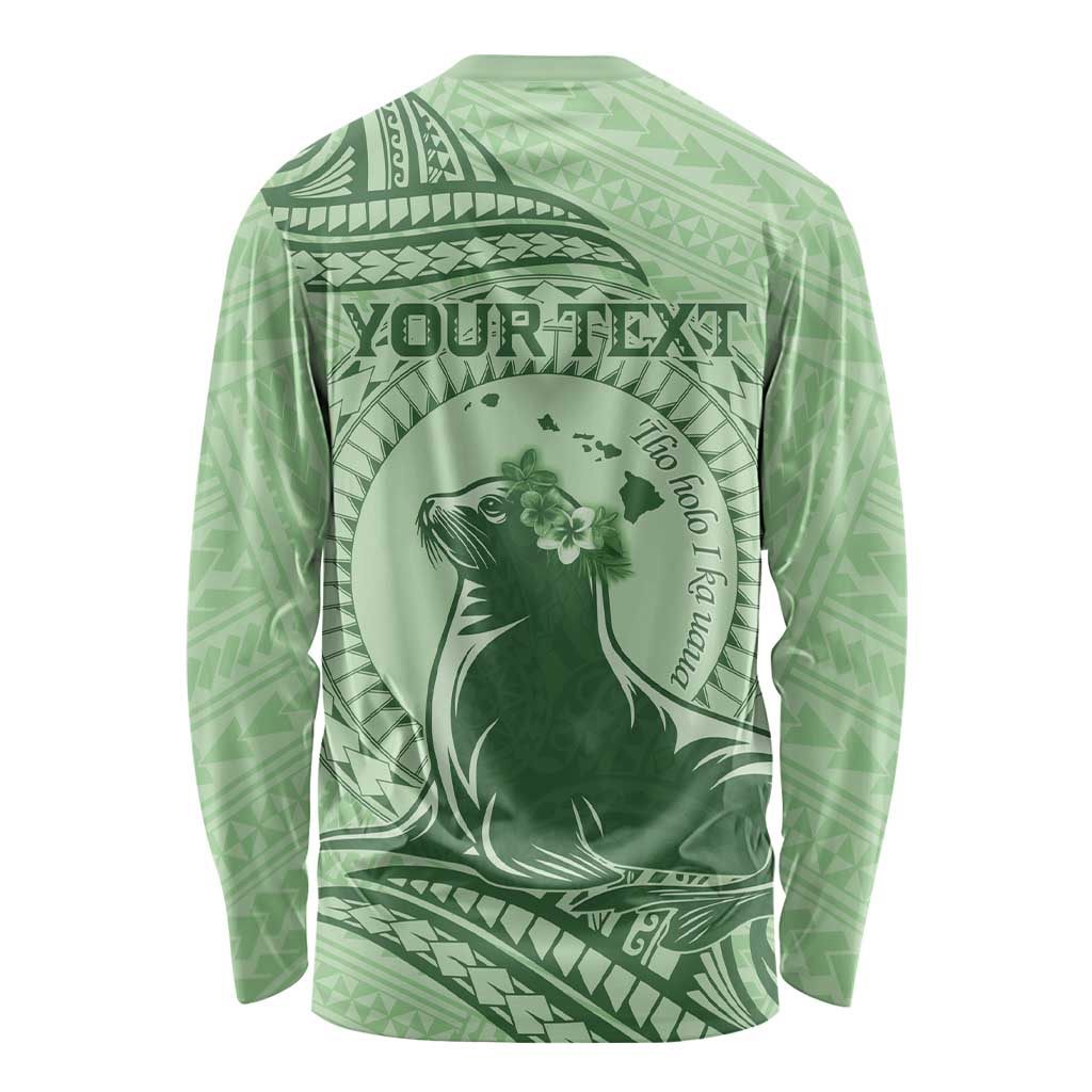 Personalised Hawaii Monk Seal Long Sleeve Shirt Polynesian Tattoo With Tropical Flowers - Green Pastel LT14 - Polynesian Pride