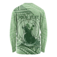 Personalised Hawaii Monk Seal Long Sleeve Shirt Polynesian Tattoo With Tropical Flowers - Green Pastel LT14 - Polynesian Pride