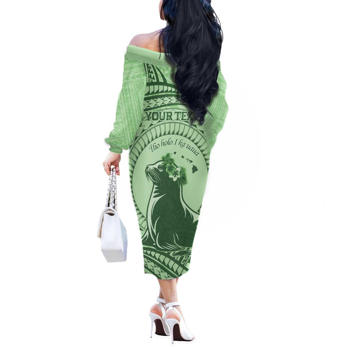 Personalised Hawaii Monk Seal Off The Shoulder Long Sleeve Dress Polynesian Tattoo With Tropical Flowers - Green Pastel LT14 - Polynesian Pride