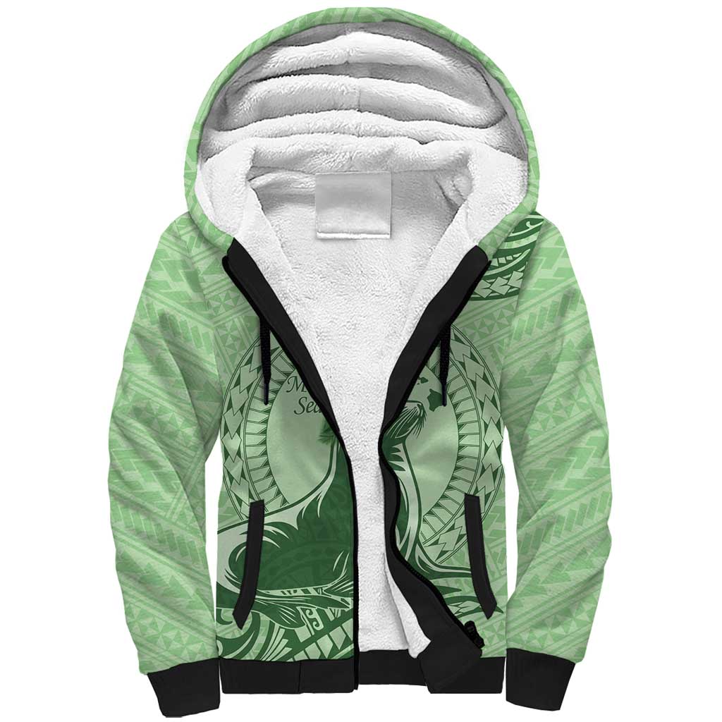 Personalised Hawaii Monk Seal Sherpa Hoodie Polynesian Tattoo With Tropical Flowers - Green Pastel LT14 Unisex Green - Polynesian Pride