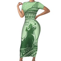 Personalised Hawaii Monk Seal Short Sleeve Bodycon Dress Polynesian Tattoo With Tropical Flowers - Green Pastel LT14 Long Dress Green - Polynesian Pride