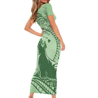 Personalised Hawaii Monk Seal Short Sleeve Bodycon Dress Polynesian Tattoo With Tropical Flowers - Green Pastel LT14 - Polynesian Pride