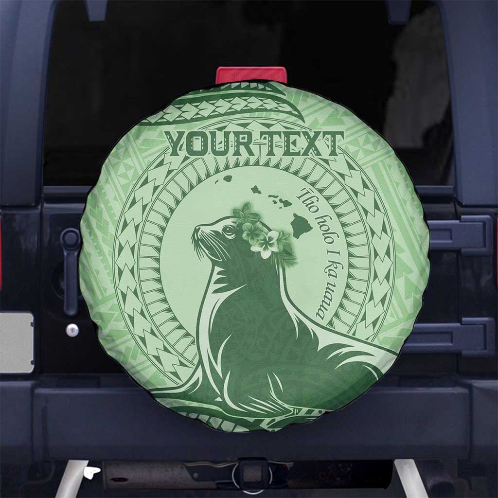 Personalised Hawaii Monk Seal Spare Tire Cover Polynesian Tattoo With Tropical Flowers - Green Pastel LT14 - Polynesian Pride