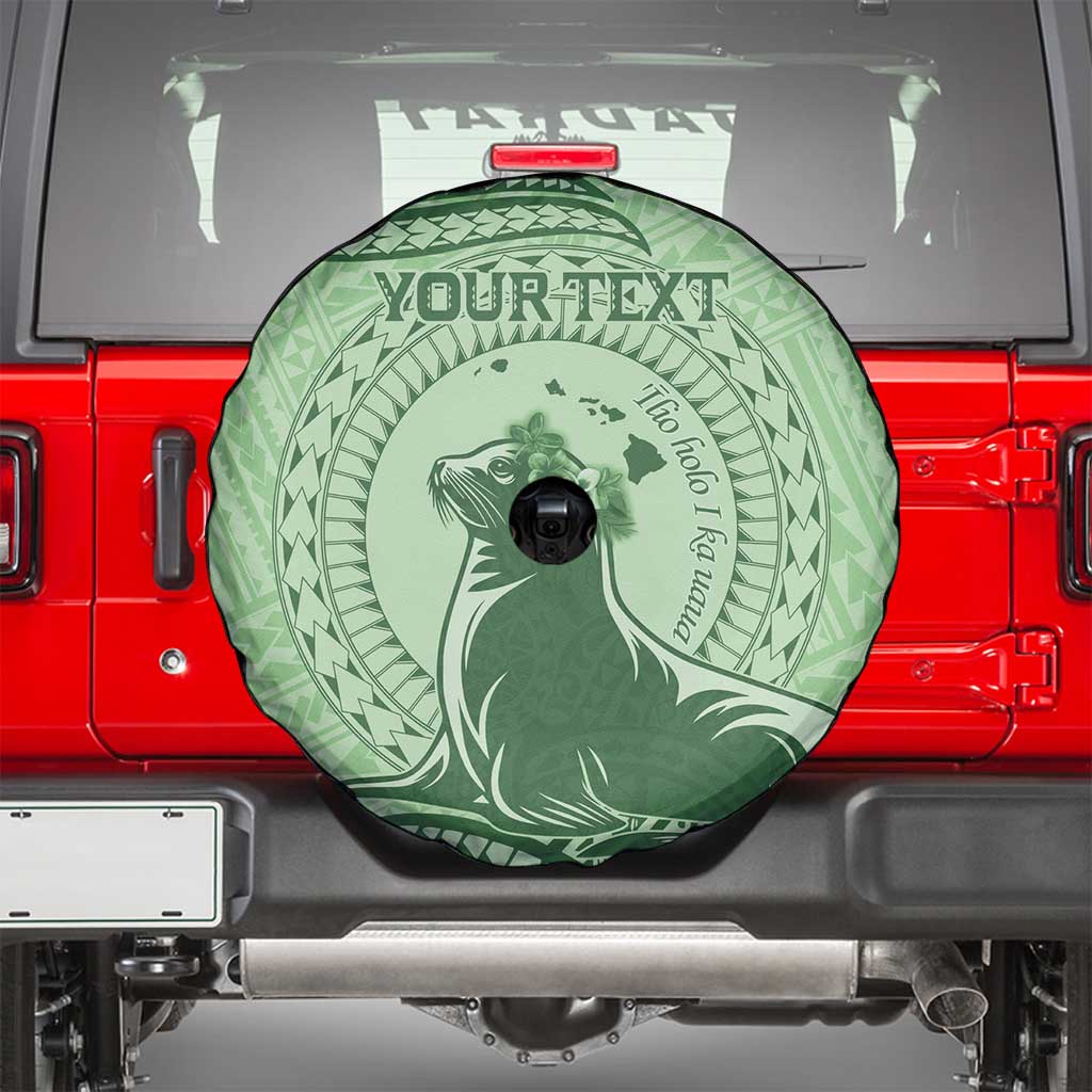 Personalised Hawaii Monk Seal Spare Tire Cover Polynesian Tattoo With Tropical Flowers - Green Pastel LT14 - Polynesian Pride