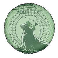 Personalised Hawaii Monk Seal Spare Tire Cover Polynesian Tattoo With Tropical Flowers - Green Pastel LT14 - Polynesian Pride