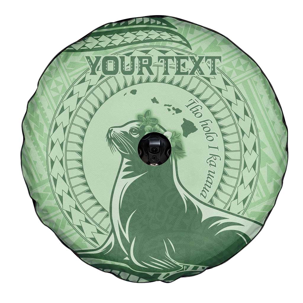 Personalised Hawaii Monk Seal Spare Tire Cover Polynesian Tattoo With Tropical Flowers - Green Pastel LT14 - Polynesian Pride