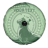Personalised Hawaii Monk Seal Spare Tire Cover Polynesian Tattoo With Tropical Flowers - Green Pastel LT14 - Polynesian Pride
