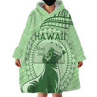 Personalised Hawaii Monk Seal Wearable Blanket Hoodie Polynesian Tattoo With Tropical Flowers - Green Pastel LT14 - Polynesian Pride