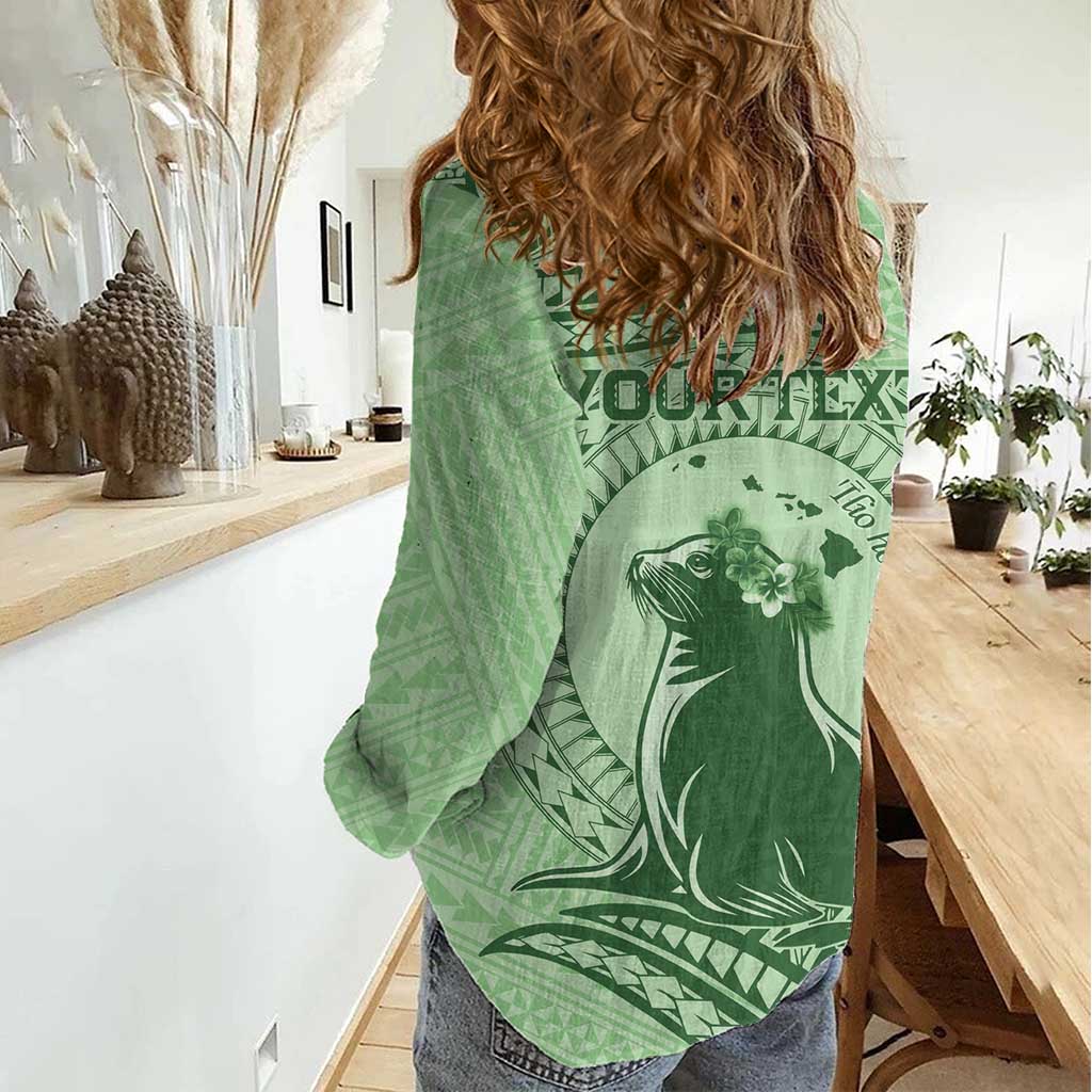 Personalised Hawaii Monk Seal Women Casual Shirt Polynesian Tattoo With Tropical Flowers - Green Pastel LT14 - Polynesian Pride