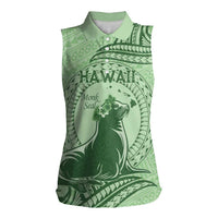 Personalised Hawaii Monk Seal Women Sleeveless Polo Shirt Polynesian Tattoo With Tropical Flowers - Green Pastel LT14 Female Green - Polynesian Pride