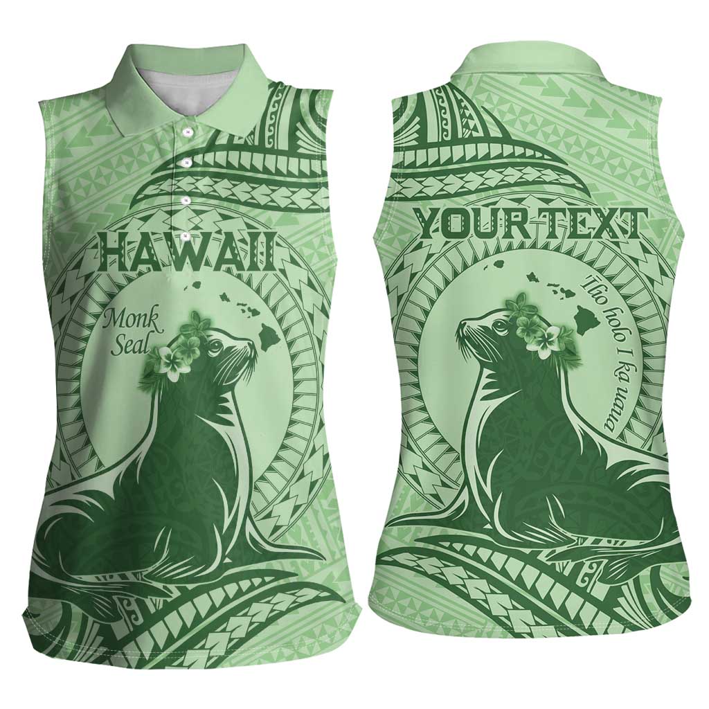 Personalised Hawaii Monk Seal Women Sleeveless Polo Shirt Polynesian Tattoo With Tropical Flowers - Green Pastel LT14 - Polynesian Pride