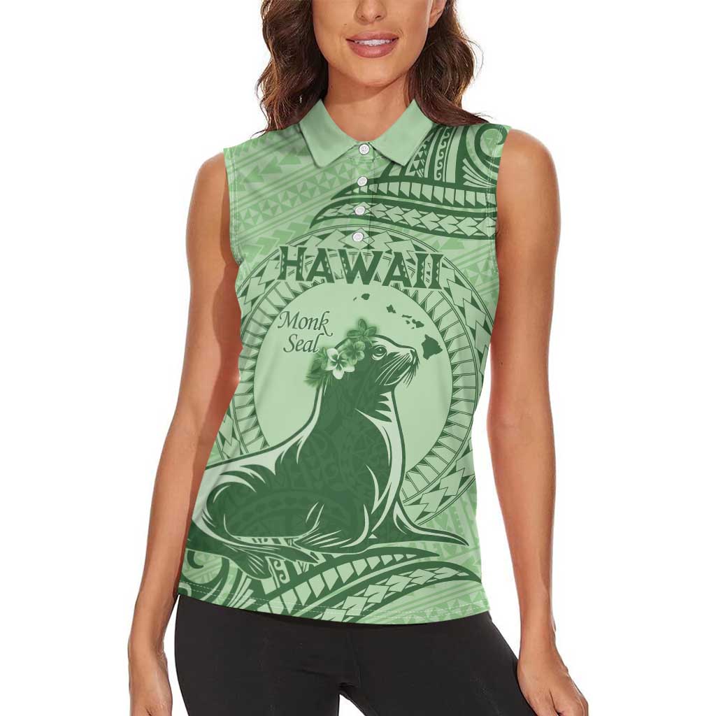 Personalised Hawaii Monk Seal Women Sleeveless Polo Shirt Polynesian Tattoo With Tropical Flowers - Green Pastel LT14 - Polynesian Pride