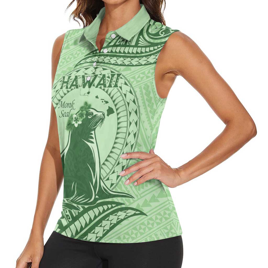 Personalised Hawaii Monk Seal Women Sleeveless Polo Shirt Polynesian Tattoo With Tropical Flowers - Green Pastel LT14 - Polynesian Pride