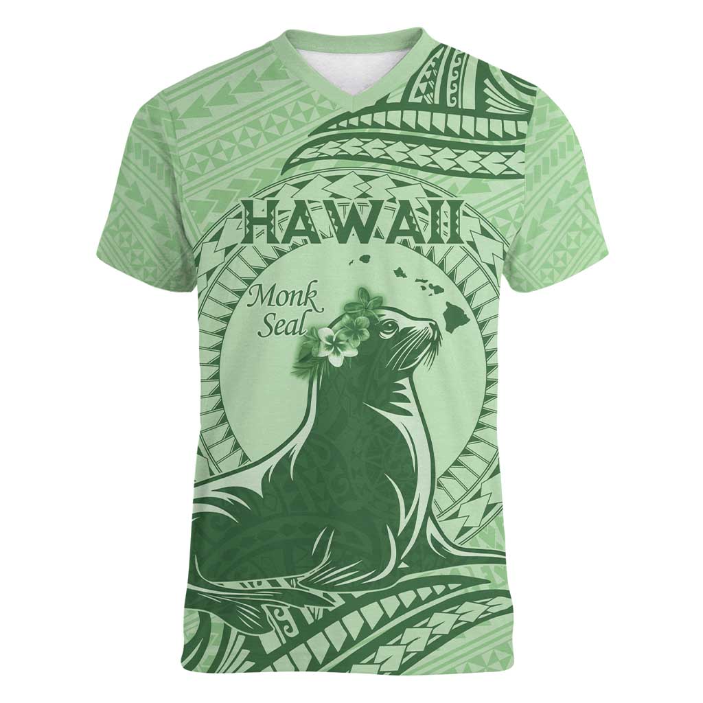 Personalised Hawaii Monk Seal Women V-Neck T-Shirt Polynesian Tattoo With Tropical Flowers - Green Pastel LT14 Female Green - Polynesian Pride