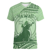 Personalised Hawaii Monk Seal Women V-Neck T-Shirt Polynesian Tattoo With Tropical Flowers - Green Pastel LT14 Female Green - Polynesian Pride