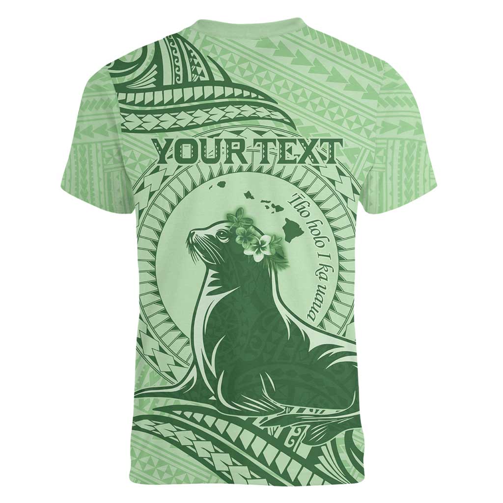 Personalised Hawaii Monk Seal Women V-Neck T-Shirt Polynesian Tattoo With Tropical Flowers - Green Pastel LT14 - Polynesian Pride
