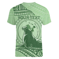 Personalised Hawaii Monk Seal Women V-Neck T-Shirt Polynesian Tattoo With Tropical Flowers - Green Pastel LT14 - Polynesian Pride