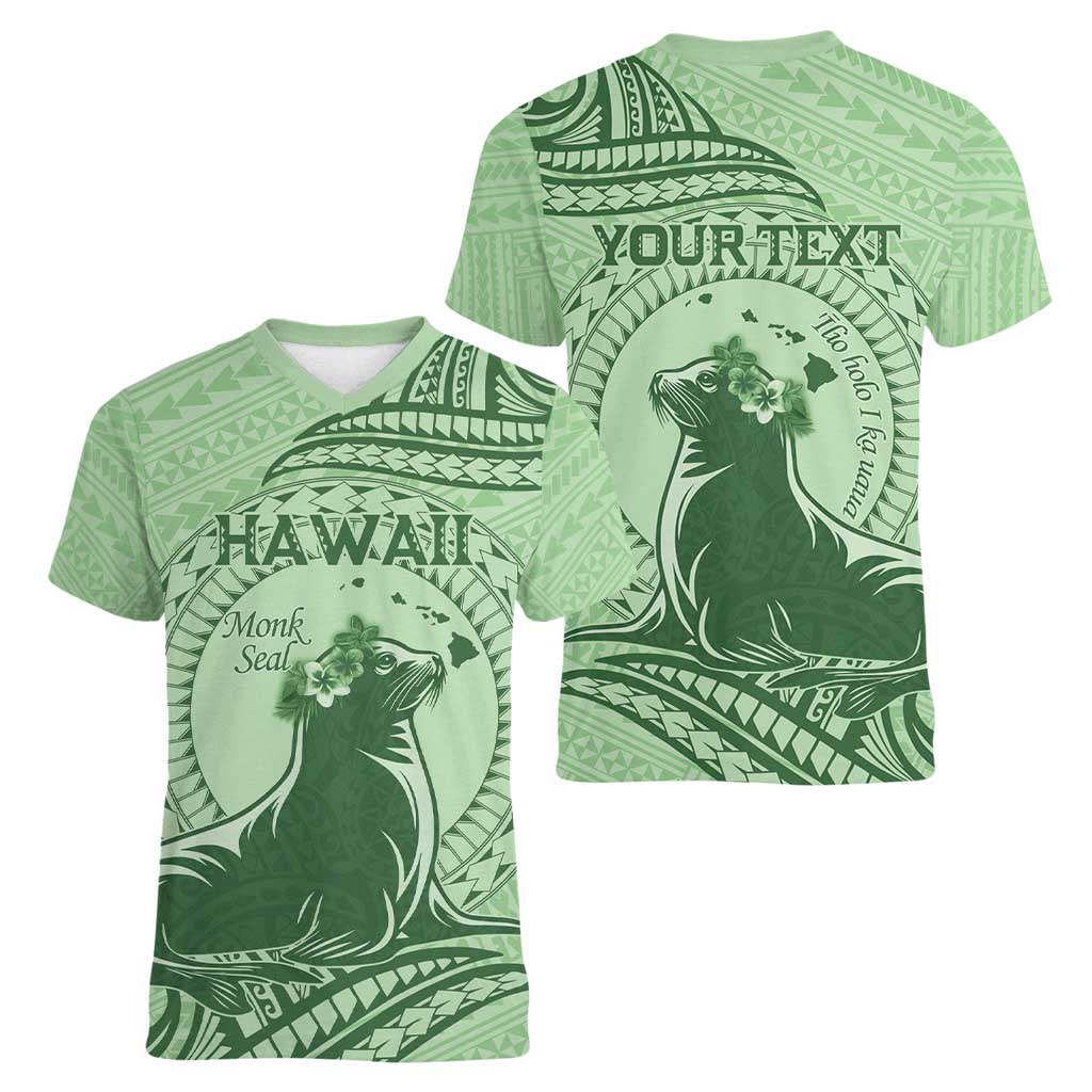 Personalised Hawaii Monk Seal Women V-Neck T-Shirt Polynesian Tattoo With Tropical Flowers - Green Pastel LT14 - Polynesian Pride