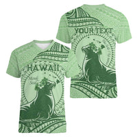 Personalised Hawaii Monk Seal Women V-Neck T-Shirt Polynesian Tattoo With Tropical Flowers - Green Pastel LT14 - Polynesian Pride