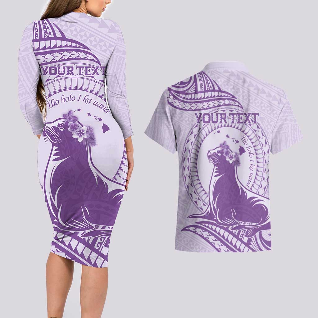 Personalised Hawaii Monk Seal Couples Matching Long Sleeve Bodycon Dress and Hawaiian Shirt Polynesian Tattoo With Tropical Flowers - Purple Pastel LT14 - Polynesian Pride