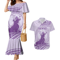 Personalised Hawaii Monk Seal Couples Matching Mermaid Dress and Hawaiian Shirt Polynesian Tattoo With Tropical Flowers - Purple Pastel LT14 Purple - Polynesian Pride