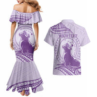 Personalised Hawaii Monk Seal Couples Matching Mermaid Dress and Hawaiian Shirt Polynesian Tattoo With Tropical Flowers - Purple Pastel LT14 - Polynesian Pride