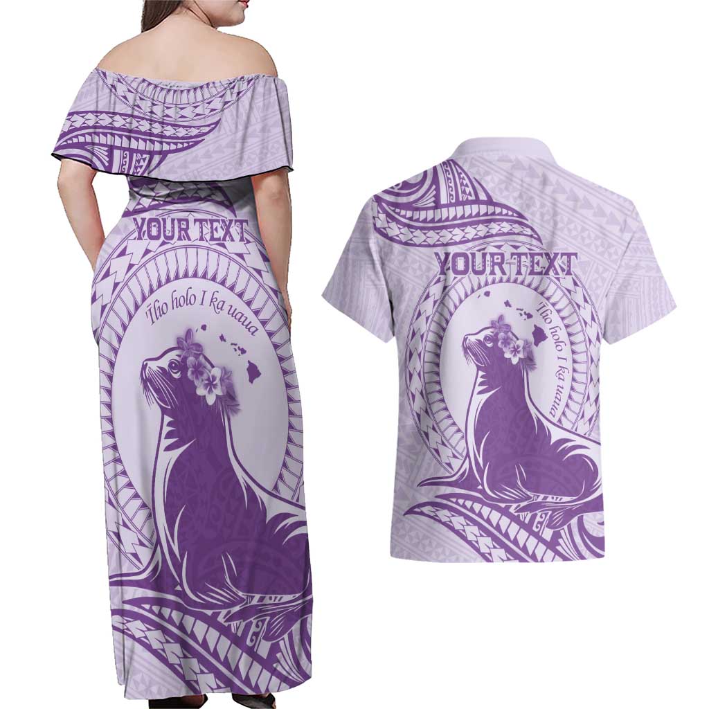 Personalised Hawaii Monk Seal Couples Matching Off Shoulder Maxi Dress and Hawaiian Shirt Polynesian Tattoo With Tropical Flowers - Purple Pastel LT14 - Polynesian Pride