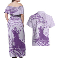 Personalised Hawaii Monk Seal Couples Matching Off Shoulder Maxi Dress and Hawaiian Shirt Polynesian Tattoo With Tropical Flowers - Purple Pastel LT14 - Polynesian Pride