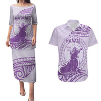 Personalised Hawaii Monk Seal Couples Matching Puletasi and Hawaiian Shirt Polynesian Tattoo With Tropical Flowers - Purple Pastel LT14 Purple - Polynesian Pride