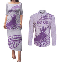 Personalised Hawaii Monk Seal Couples Matching Puletasi and Long Sleeve Button Shirt Polynesian Tattoo With Tropical Flowers - Purple Pastel LT14 Purple - Polynesian Pride