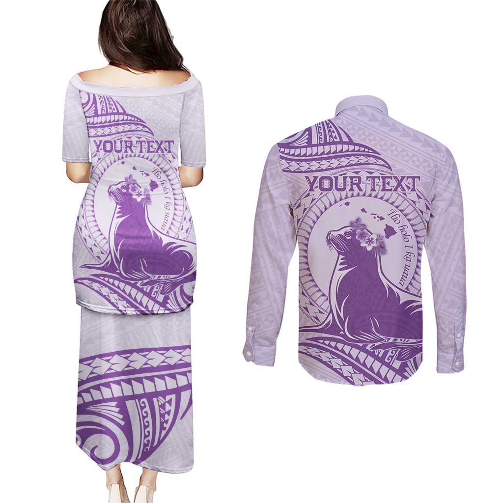 Personalised Hawaii Monk Seal Couples Matching Puletasi and Long Sleeve Button Shirt Polynesian Tattoo With Tropical Flowers - Purple Pastel LT14 - Polynesian Pride