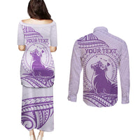 Personalised Hawaii Monk Seal Couples Matching Puletasi and Long Sleeve Button Shirt Polynesian Tattoo With Tropical Flowers - Purple Pastel LT14 - Polynesian Pride