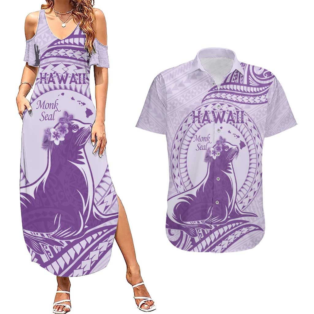 Personalised Hawaii Monk Seal Couples Matching Summer Maxi Dress and Hawaiian Shirt Polynesian Tattoo With Tropical Flowers - Purple Pastel