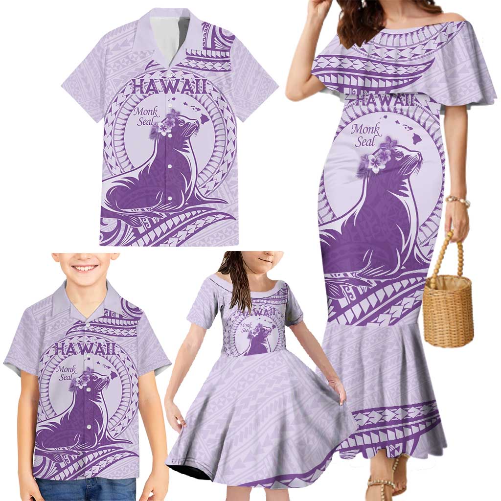 Personalised Hawaii Monk Seal Family Matching Mermaid Dress and Hawaiian Shirt Polynesian Tattoo With Tropical Flowers - Purple Pastel LT14 - Polynesian Pride