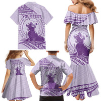 Personalised Hawaii Monk Seal Family Matching Mermaid Dress and Hawaiian Shirt Polynesian Tattoo With Tropical Flowers - Purple Pastel LT14 - Polynesian Pride