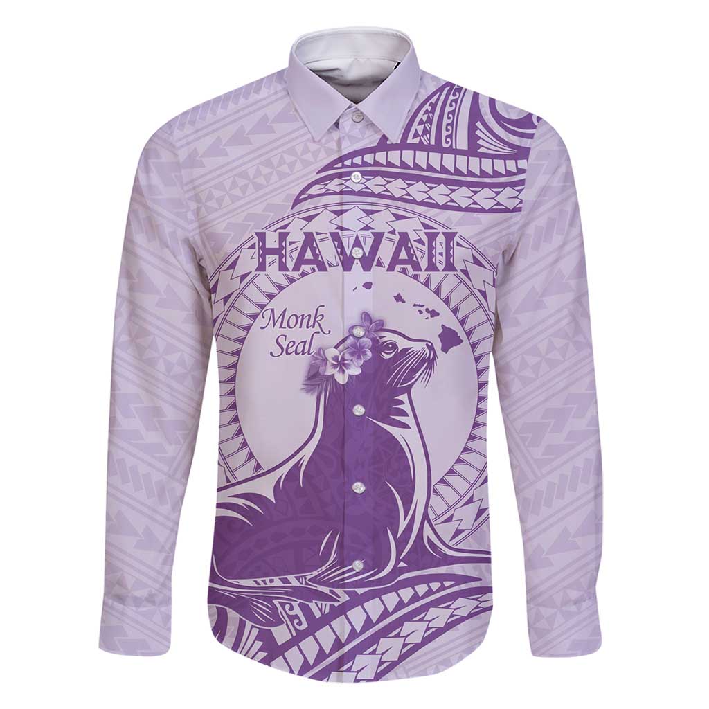 Personalised Hawaii Monk Seal Family Matching Mermaid Dress and Hawaiian Shirt Polynesian Tattoo With Tropical Flowers - Purple Pastel LT14 Dad's Shirt - Long Sleeve Purple - Polynesian Pride