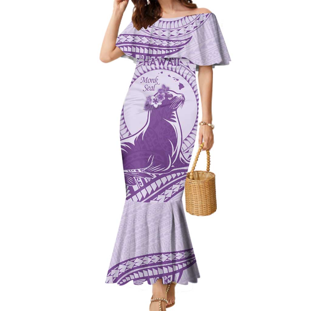 Personalised Hawaii Monk Seal Family Matching Mermaid Dress and Hawaiian Shirt Polynesian Tattoo With Tropical Flowers - Purple Pastel LT14 Mom's Dress Purple - Polynesian Pride
