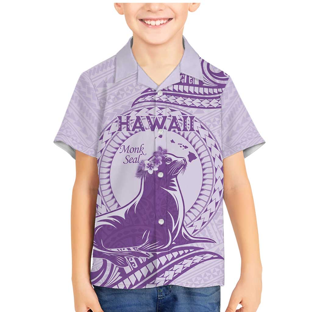 Personalised Hawaii Monk Seal Family Matching Mermaid Dress and Hawaiian Shirt Polynesian Tattoo With Tropical Flowers - Purple Pastel LT14 Son's Shirt Purple - Polynesian Pride