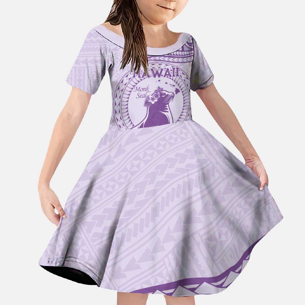 Personalised Hawaii Monk Seal Family Matching Off Shoulder Maxi Dress and Hawaiian Shirt Polynesian Tattoo With Tropical Flowers - Purple Pastel LT14 Daughter's Dress Purple - Polynesian Pride