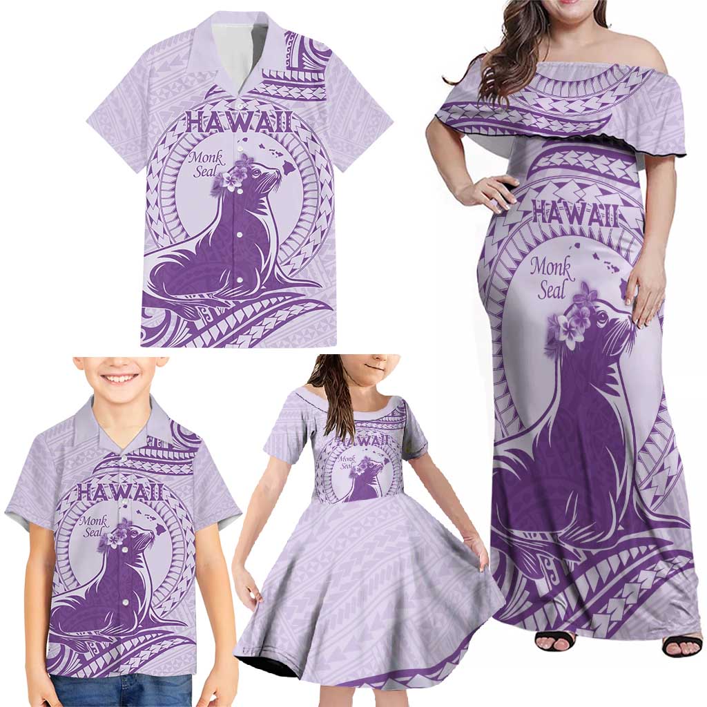 Personalised Hawaii Monk Seal Family Matching Off Shoulder Maxi Dress and Hawaiian Shirt Polynesian Tattoo With Tropical Flowers - Purple Pastel LT14 - Polynesian Pride
