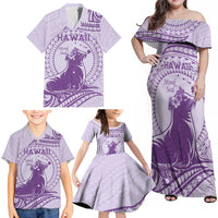 Personalised Hawaii Monk Seal Family Matching Off Shoulder Maxi Dress and Hawaiian Shirt Polynesian Tattoo With Tropical Flowers - Purple Pastel LT14 - Polynesian Pride