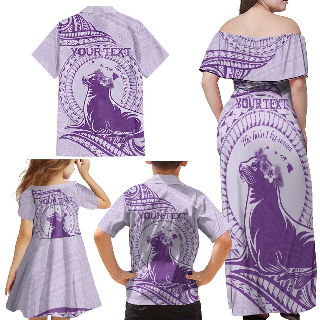 Personalised Hawaii Monk Seal Family Matching Off Shoulder Maxi Dress and Hawaiian Shirt Polynesian Tattoo With Tropical Flowers - Purple Pastel LT14 - Polynesian Pride
