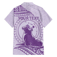 Personalised Hawaii Monk Seal Family Matching Off Shoulder Maxi Dress and Hawaiian Shirt Polynesian Tattoo With Tropical Flowers - Purple Pastel LT14 - Polynesian Pride