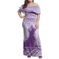 Personalised Hawaii Monk Seal Family Matching Off Shoulder Maxi Dress and Hawaiian Shirt Polynesian Tattoo With Tropical Flowers - Purple Pastel LT14 Mom's Dress Purple - Polynesian Pride