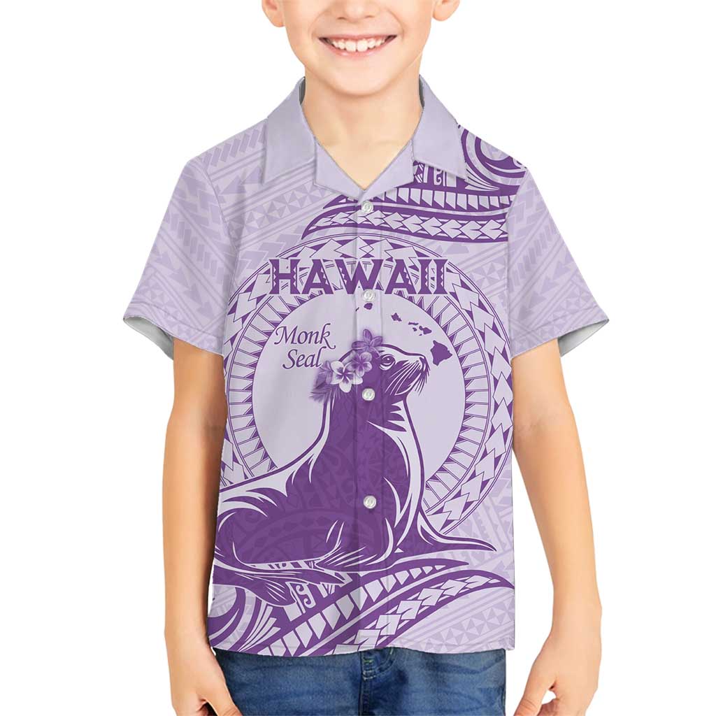 Personalised Hawaii Monk Seal Family Matching Off Shoulder Maxi Dress and Hawaiian Shirt Polynesian Tattoo With Tropical Flowers - Purple Pastel LT14 Son's Shirt Purple - Polynesian Pride